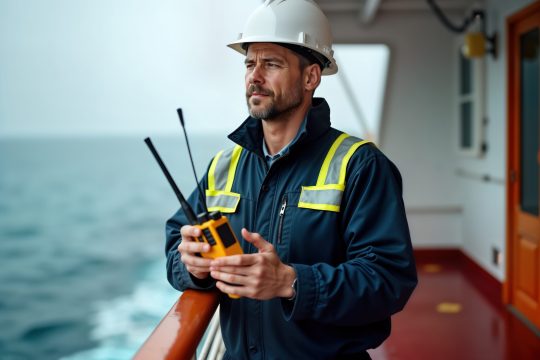 Caucasian marine deck officer chief mate on offshore vessel. Wears safety helmet, coveralls. Holds VHF radio. Stands on deck of ship. Scene shows pro seamanship safety procedures at work. Sea