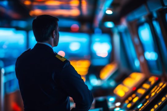 Captain navigating a cargo operation  officer on watch in security control room aboard cruise ship