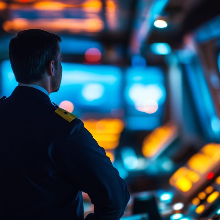 Captain navigating a cargo operation  officer on watch in security control room aboard cruise ship